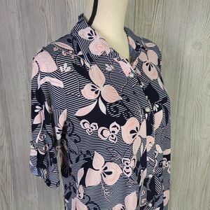 SJS Womens Petite Large Button Front Blouse Blue Pink Floral Roll Tab Sleeves